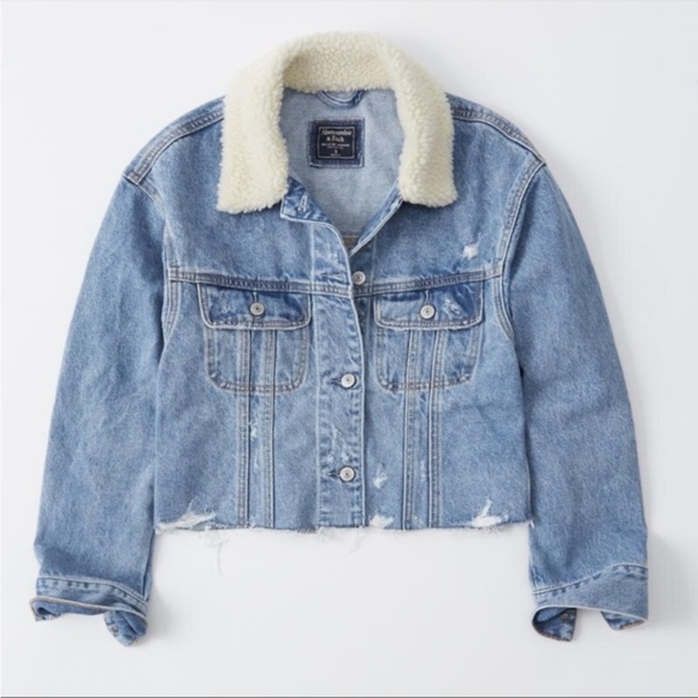 Abercrombie & Fitch Sherpa Collar Oversize Trucker Crop Denim Jacket Size L - Picture 11 of 12